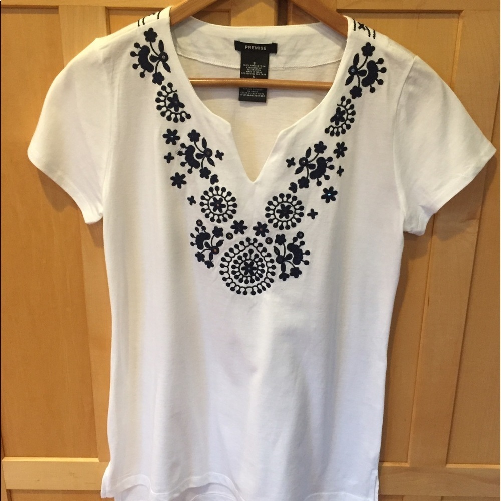 - Premise Embroidered Embellished White Cotton Top